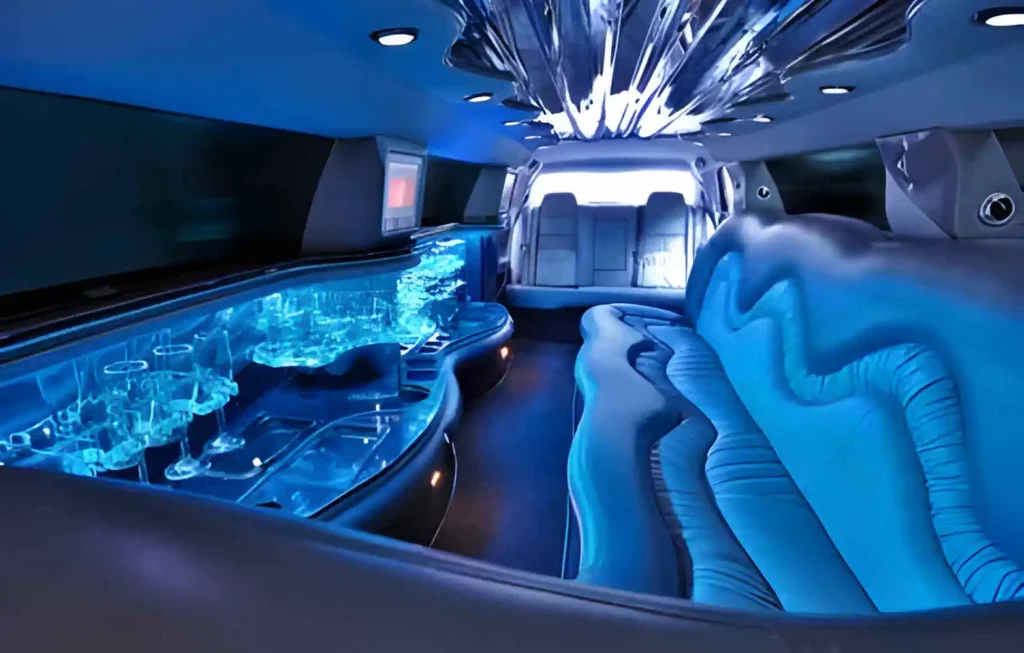 Luxurious black limousine interior with plush leather seats, ambient lighting, and sleek design.