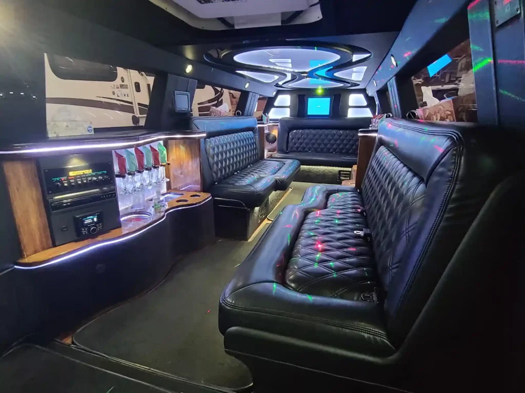 limousine interior with starry ceiling, velvet seating, crystal bar, and futuristic lighting